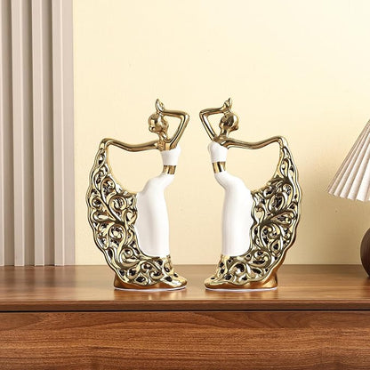 2 Pcs Ceramic Statues Home Decor, Dancer Women Sculpture Figurine, Modern Aesthetic Abstract Art Decorative Accent for Living Room Bedroom Bookshelf Dining Table Centerpiece Office (White and Gold)
