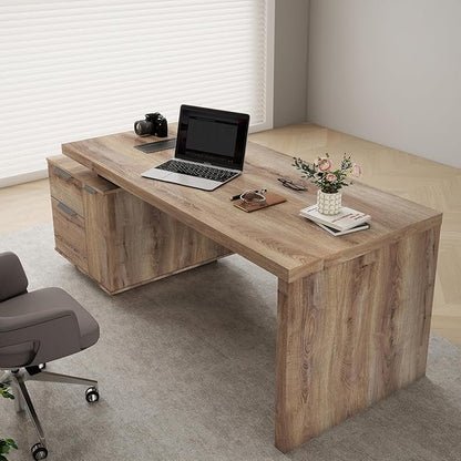 Modern Executive Desk, Rectangle Office Desk with Storage Cabinet, Width Adjustable Standing Desks, Stand Under Table Storage Organizer, Mahogany