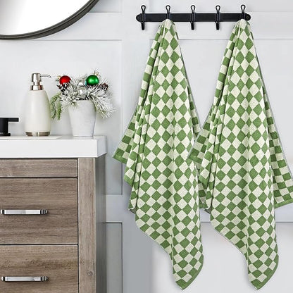 Jacquotha Bath Towels Set of 2 - Luxury Cotton Bathroom Shower Towels Body 55” x 27.5” Absorbent, Quick Dry, 520GSM, Green Checkered Bathroom Decor