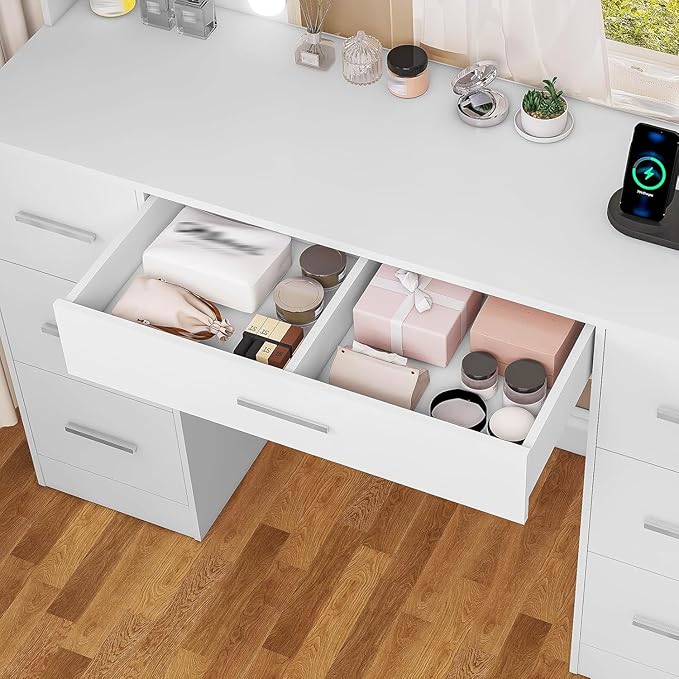 Large Makeup Vanity, 42.1" Vanity Desk with Mirror and Lights, Makeup Vanity Table with 7 Drawers, 4 Shelves, 5 Jewel Hooks & Power Strip, Vanity Desk Set for Bedroom, White