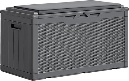 Greesum 100 Gallon Resin Deck Box Large Outdoor Storage Boxes with Cushions for Garden Tools, Patio Furniture Pillows, Pool Supplies, Gray