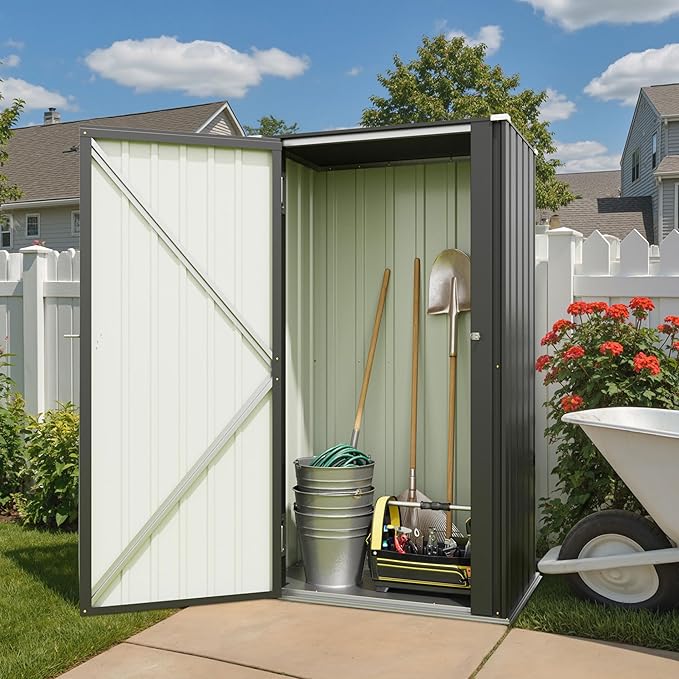 Patiowell 22 Cuft Outdoor Storage Cabinet, Metal Storage Shed with Lockable Door, Indoor Outdoor Vertical Waterproof Tool Shed Without Adjustable Shelves for Patio Garden Backyard, Black