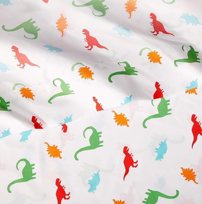 Amazon Basics Kid's Soft Easy-Wash Lightweight Microfiber 3-Piece Sheet Set, Toddler, Multi Color, Dinosaurs