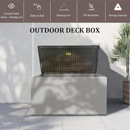 Premium Pro Edition 110 Gallon Lockable Resin Deck Box, Waterproof & UV-Resistant Outdoor Storage Box for Outdoor Cushion Storage, Garden Tools & Pool Accessories Storage, White