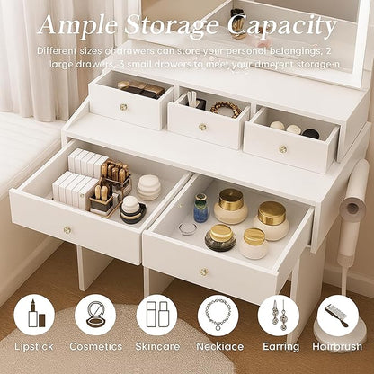 White Vanity Desk with Large Full Size Led Lighted Mirror, 31" Makeup Vanity Table with 5 Storage Drawers, Power Outlet & Hair Dryer Holder, Modern Small Dressing Table for Small Space,Dorm, Bedroom