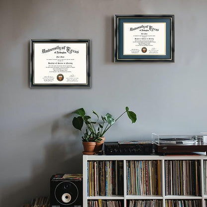 GraduationMall 8.5x11 Diploma Frame with Navy over Gold Mat or Display 11x14 Certificate without Mat,Solid Wood & UV Protection Acrylic,Glossy Black Finish with Gold Trim