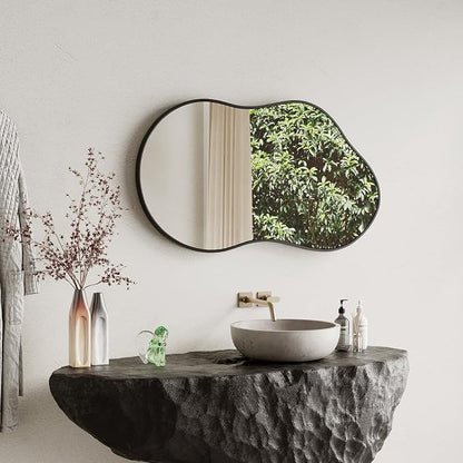 Irregular Wall Mirror - 26''×46'' Asymmetrical Decorative Tempered Glass Aluminum Alloy Framed Mirrors Cloud Mirror Wavy Mirrors for Bathroom, Bedroom, Living Room, Entryway（Black）