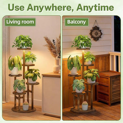 iDavosic.ly 5 Tier Plant Stand Indoor with Grow Light, Tiered Corner Wood Multiple Flower Holder Shelf, Tall Orchid Display Rack for Living Room Bedroom, Brown