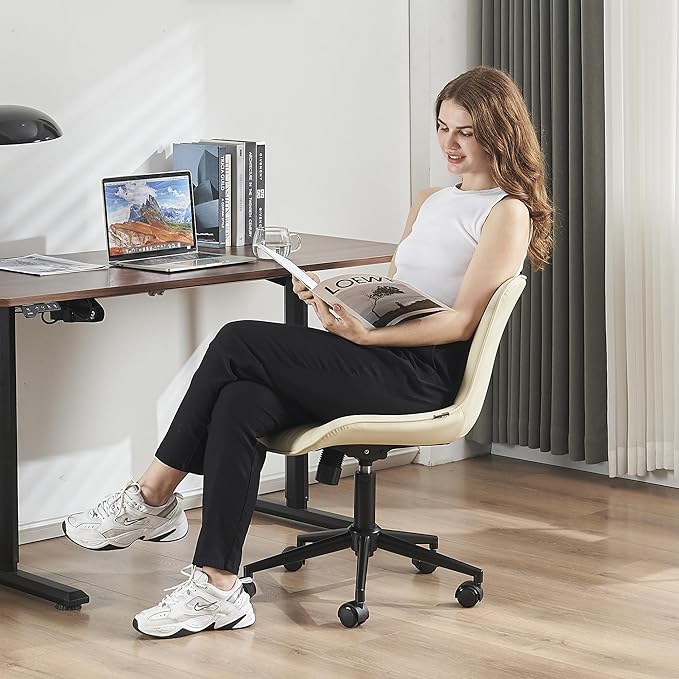 YOUTASTE Office Chair Armless Desk Chair Small Computer Swivel Rolling Chair with Wheels, Modern Upholstered PU Leather Computer Sewing Chair, Adjustable Home Office Desk Chairs, Beige
