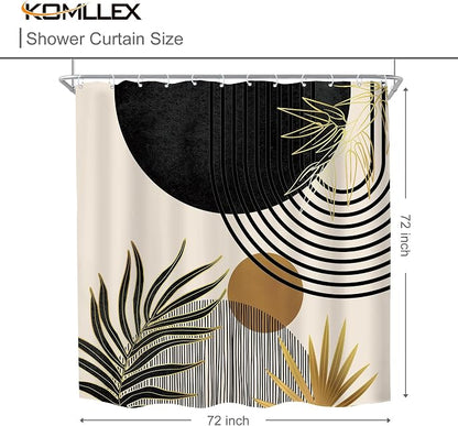 KOMLLEX Mid Century Black Gold Boho Shower Curtain 72Wx72L Inches Abstract Modern Green Shower Curtains for Bathroom Plant Botanical Minimalist Arch Sun Fabric Liner Waterproof Polyester 12 Pack Hooks
