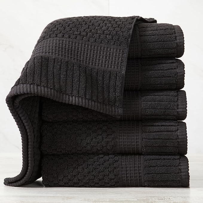 NY Loft 100% Cotton Hand Towel 6 Pack Hand Towel Set | Super Soft & Absorbent Quick-Dry Hand Towels 16" x 28" |Textured and Durable Cotton | Trinity Collection (6 Pack Hand Towel, Black)