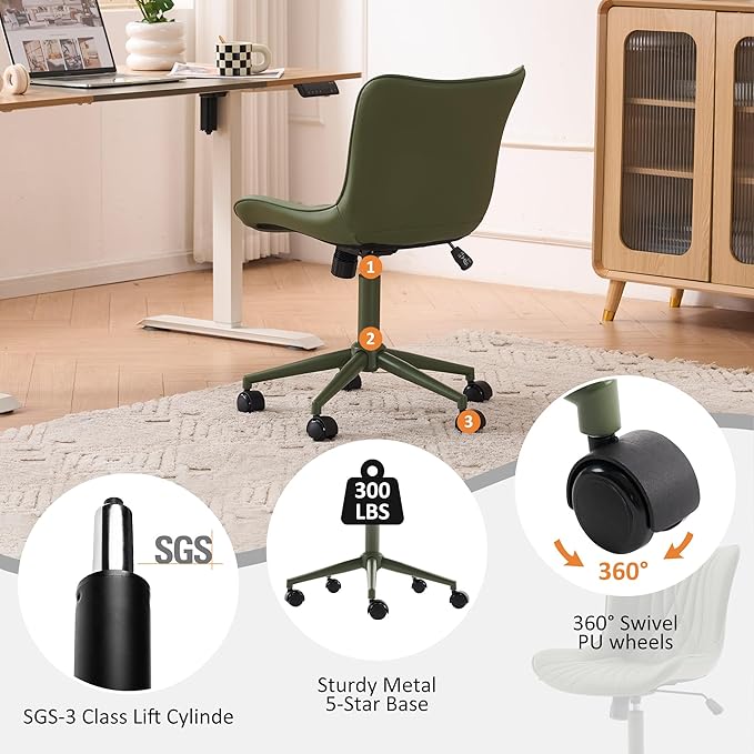 YOUTASTE All Olive Green Office Chair, Modern Armless Desk Chair with Back, Adjustable Swivel Rolling Faux Leather Task Chair with Wheels Metal Base for Home Office, Study, or Vanity