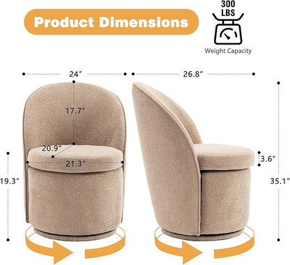 YOUNIKE Vanity Bench Boucle Fabric Coffee Solid Wood Swivel Accent Chair with Backrest Easy Assembly Dressing Stool for Bedroom & Makeup Room