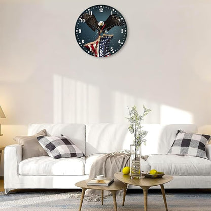 SPUNKER America Flag Eagle Wall Clocks,Patriotic Bald Eagle Wall Clock Battery Operated 10 Inch,Round Clock Silent Non-Ticking Wall Decor for Farmhouse Office Home School Living Room Bedroom