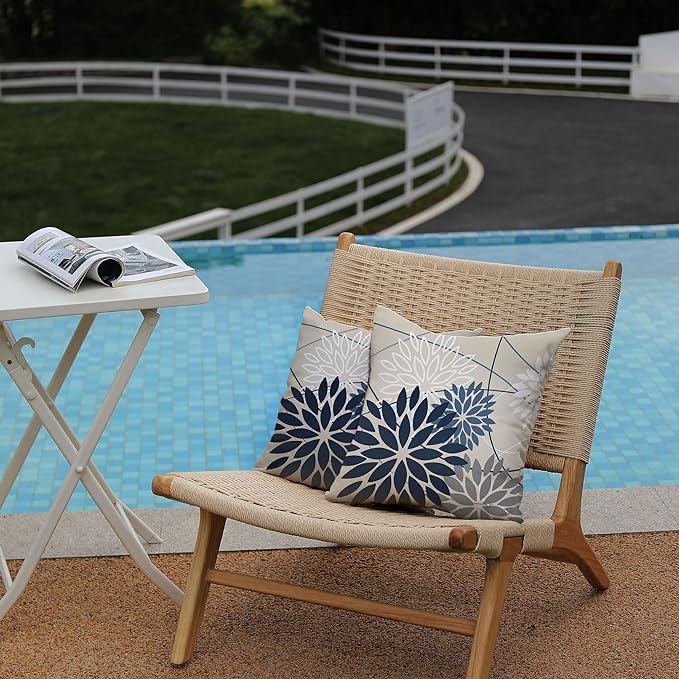 Blue and Gray Floral Pillow Covers 24x24 Set of 2 Outdoor Waterproof White Colored Decorative Throw Pillows Summer Pillowcase Polyester Cushion Case Decor for Couch Patio Funiture Garden Porch 01B24