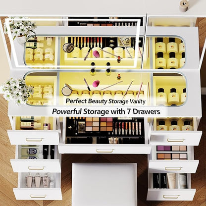 Galss Top Vanity Desk with Mirror and Lights, Large Storage Makeup Vanity with 7 Drawers, White Vanity Table with Side Glass Cabinet, Adjustable Brightness Dressing Table Set with Stool