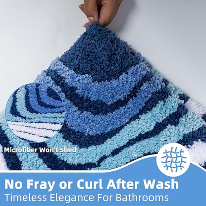 Funky Blue Bathroom Rug, Absorbent Non Slip High Pile Tufted Bath Mat with 3D Striped Pattern, Plush Microfiber Shower Rug for Bathroom Sink, Tub, Machine Washable, 16"x24"