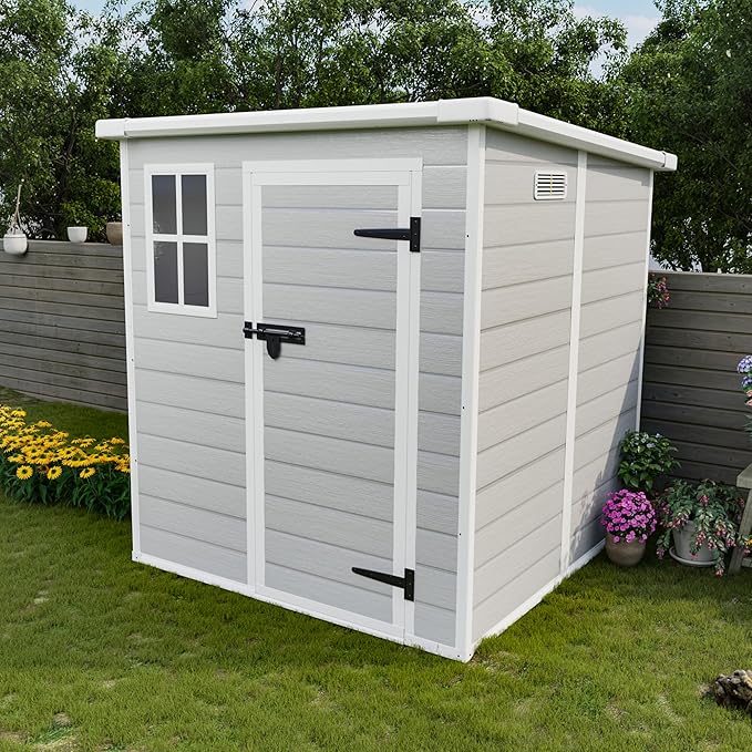 6x6 FT Outdoor Storage Resin Shed with Floor, Waterproof Plastic Garden Tool Shed with Windows, Vents & Lockable Door and Sloped Roof, Easy to Assemble Bike Shed for Patio, Backyard, Lawn, White+Gray