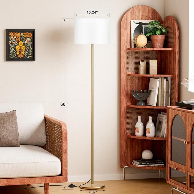 Ambimall 60'' Modern Floor Lamp with Shade, Tall Lamps for Living Room, Bedroom, Office, Dining Room, White Shade with Gold Pole(Without Bulb)
