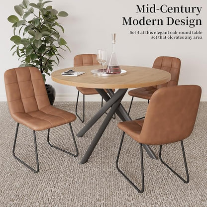 HIPIHOM 45.3 Inch Round Dining Table Set for 4, Mid Century Modern Small Kitchen Coffee Set for Dining Room Kitchen Apartment (Oak Table + 4 U-Shaped Brown Chairs)