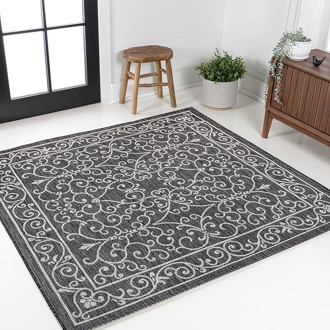 JONATHAN Y SMB106G-5SQ Charleston Vintage Filigree Textured Weave Black/Gray 5' Square Indoor/Outdoor Area Rug, Pet Friendly, Non-Shedding, Stain Resistant, Easy-Cleaning for Backyard, Patio, Porch