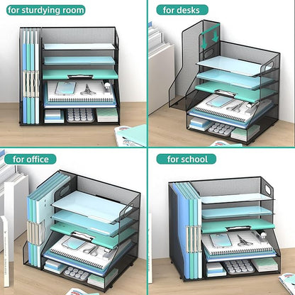 SUPEASY Desk Organizer with File Holder, 5-Tier Mesh Paper Letter Tray with Magazine Holder, Desktop Organizer and Storage for Desk Accessories Office Supplies, Black