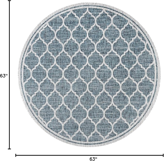 Eyely BMS109E-5R Santa Monica Trebol Moroccan Trellis Textured Weave Indoor/Outdoor Area Rug Coastal;Bohemian, Bedroom, Backyard, Patio, Easy-Cleaning, Non-Shedding, 5' Round, Teal/Gray