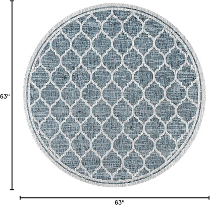 Eyely BMS109E-5R Santa Monica Trebol Moroccan Trellis Textured Weave Indoor/Outdoor Area Rug Coastal;Bohemian, Bedroom, Backyard, Patio, Easy-Cleaning, Non-Shedding, 5' Round, Teal/Gray