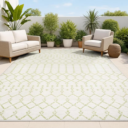 JONATHAN Y Moroccan Geometric Indoor Outdoor Area Rug 9X12 Cream/Green, Ourika Textured Weave for Backyard, Patio, Porch, Easy-Cleaning, High Traffic, Pet-Friendly, Non-Shedding (SMB108M-9)