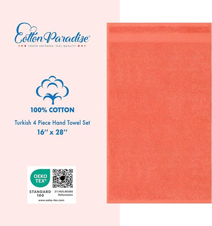Cotton Paradise Hand Towels for Bathroom, 100% Cotton Turkish 4 Piece Hand Towel Set, Soft Absorbent Face Towels, Coral