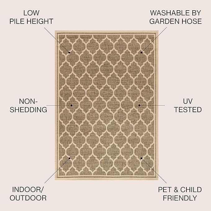 Eyely BMS109A-4R Santa Monica Trebol Moroccan Trellis Textured Weave, Pet Friendly, Non-Shedding, Stain Resistant, Easy-Cleaning, Brown/Beige, 4' Round, Indoor/Outdoor, Area Rug