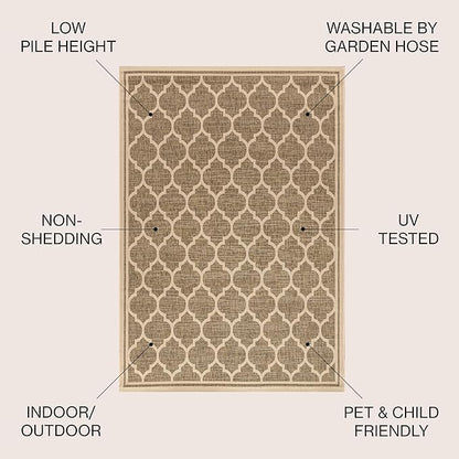 Eyely BMS109A-4R Santa Monica Trebol Moroccan Trellis Textured Weave, Pet Friendly, Non-Shedding, Stain Resistant, Easy-Cleaning, Brown/Beige, 4' Round, Indoor/Outdoor, Area Rug