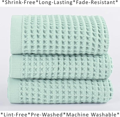 PÜSKÜL Natural 100% Turkish Cotton Waffle Kitchen Towels Set of 3 | Oeko-Tex, Premium Waffle Hand Towels for Bathroom | Soft Absorbent Quick-Dry Lint-Free Dish Towel Large 32x16 inch (3, Ice Green)