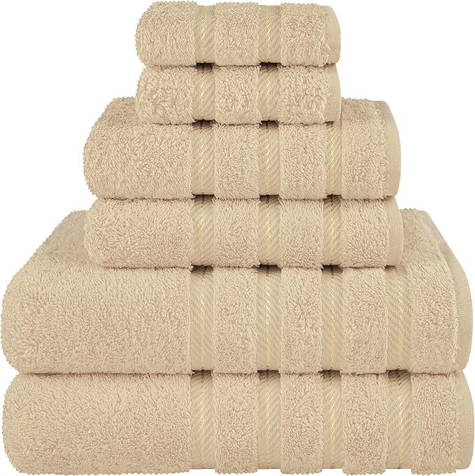 American Soft Linen Luxury 6 Piece Towel Set, 2 Bath Towels 2 Hand Towel 2 Washcloths, 600 GSM 100% Cotton Turkish Towels for Bathroom, Beige Towel Sets