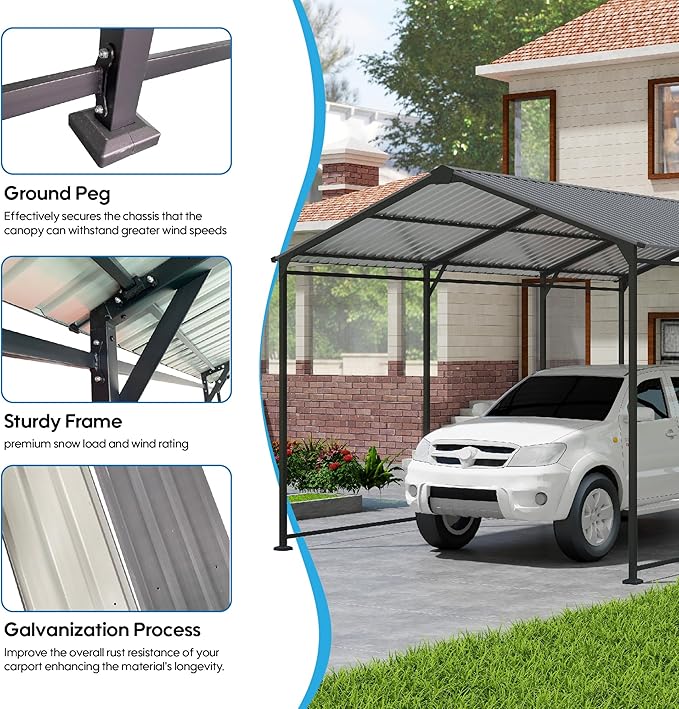 Metal Carport 10 ×15 FT Heavy Duty with Galvanized Steel Roof, Metal Garage Canopy with Galvanized Steel Roof & Frame, Car Tent Outdoor Storage Shed for Car, Boats and Truck, Gray