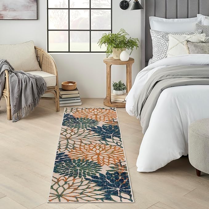 Nourison Home Aloha Indoor/Outdoor Blue Green 2' x 6' Area Rug, Easy Cleaning, Non Shedding, Bed Room, Living Room, Dining Room, Backyard, Deck, Patio (2x6)