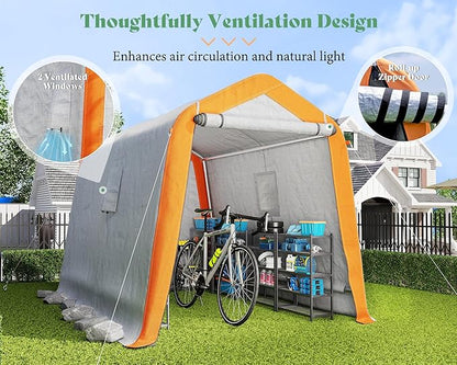 AMERLIFE 6x8x6.6 FT Heavy Duty Portable Shed Storage Shelter, Outdoor Storage Shed with 2 Waterproof Windows & Roll-Up Zipper Door, Carport for Motorcycle, Bike, Gray