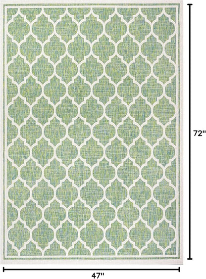 Eyely BMS109I-4 Santa Monica Trebol Moroccan Trellis Textured Weave Indoor/Outdoor Area Rug Coastal;Bohemian, Bedroom, Backyard, Patio, Easy-Cleaning, Non-Shedding, 4 X 6, Cream/Green