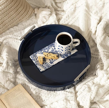 Kate And Laurel Lipton Modern Round Tray; 15.5 Diameter; Navy and Silver; Decorative Accent Tray for Storage and Display