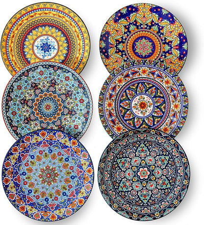 glowworm Dinner Plates, 10.5 Inch Ceramic Plates Set of 6 for Steak, Snacks, Pizza, Cake, Colorful Serving Dishes for Kitchen Decor Gift, Microwave Dishwasher Safe, Bohemian