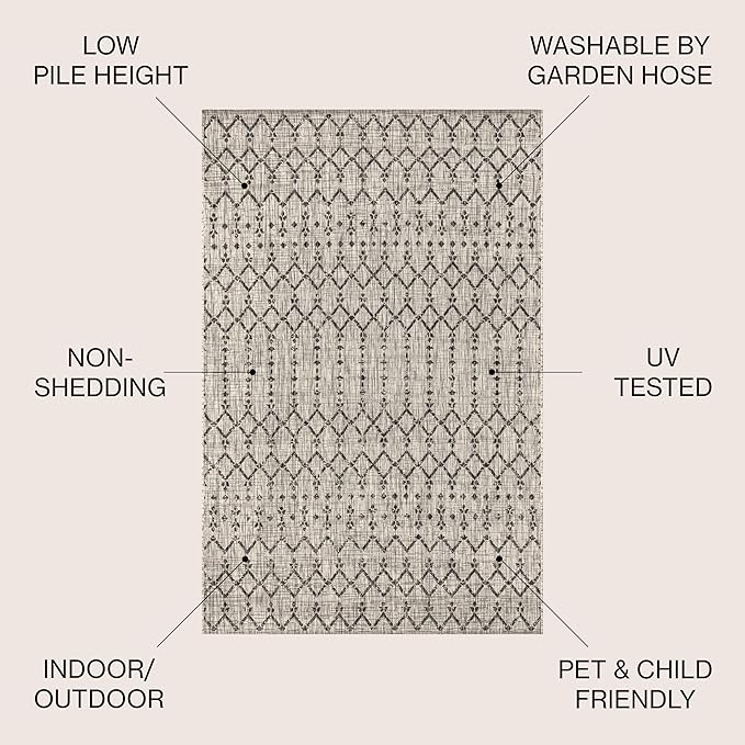 JONATHAN Y SMB108E-6R Ourika Moroccan Geometric Textured Weave Indoor/Outdoor Area Rug, Bohemian, Scandinavian for Bedroom, Kitchen, Living Room, Easy-Cleaning, Light Gray/Black, 6' Round