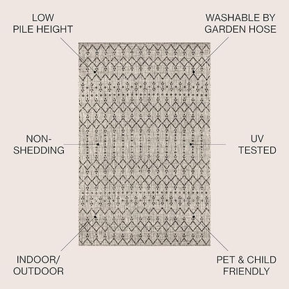 JONATHAN Y SMB108E-6R Ourika Moroccan Geometric Textured Weave Indoor/Outdoor Area Rug, Bohemian, Scandinavian for Bedroom, Kitchen, Living Room, Easy-Cleaning, Light Gray/Black, 6' Round