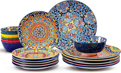 18 Pieces Dinnerware Sets, Porcelain Dishes Set for 6, Microwave and Dishwasher Safe, Scratch Resistant, Bohemian Style Plates and Bowls Set, Service for 6