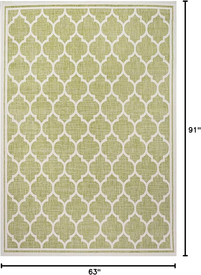 Eyely BMS109G-5 Santa Monica Trebol Moroccan Trellis Textured Weave Indoor/Outdoor Area Rug Coastal;Bohemian, Bedroom, Backyard, Patio, Easy-Cleaning, Non-Shedding, 5 X 8, Green/Cream