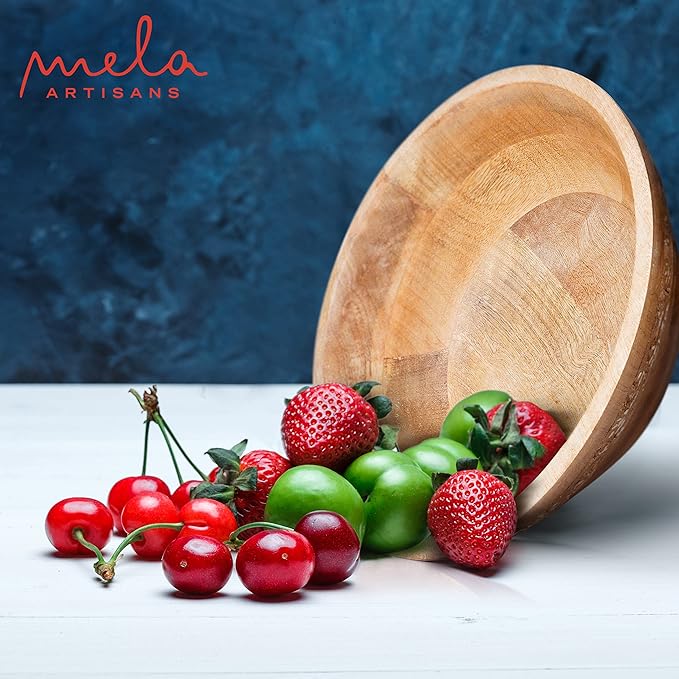 Mela Artisans Wooden Fruit Bowl – Whitewash Finish | Large 12” Mango Wood Serving Bowl with Felt Pads | Decorative bowl | Multipurpose Countertop Bowl for Breads | Salad | Fruit & More