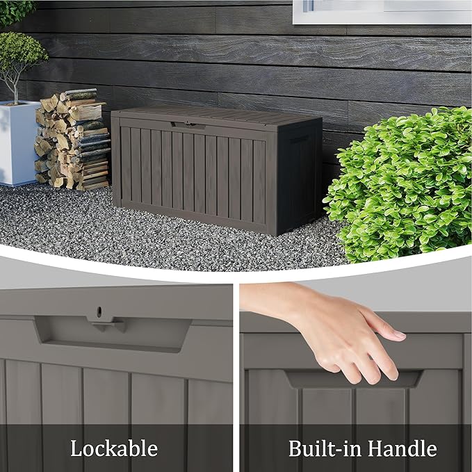 75 Gallon Double-Wall Resin Deck Box - Lockable Waterproof Outdoor Storage Box, 515lbs Capacity & Doubles as Seating for Patio Furniture - Garden Tools, Pool Accessories (Brown)