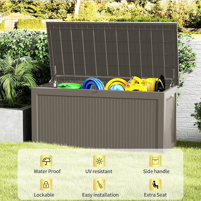 320 Gallon Lockable Resin Deck Box, Waterproof & UV-Resistant Outdoor Storage Box for Outdoor Cushion Storage, Garden Tools & Pool Accessories Storage, Gray