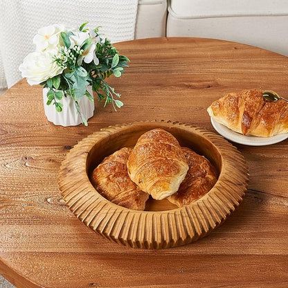 Teak Handcrafted Wooden Bowls Natural Wood Round Utility Bowl 11.8" W Handmade Rustic Serving Platter Fruit Snack Holder for Entry Table Vintage Artworks Dining Room Home Décor