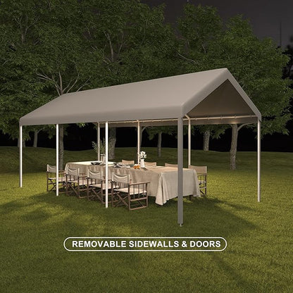 Carport, 10x20 ft Grey Heavy Duty Carport with Roll-up Windows, Portable Garage with Removable Sidewalls & Doors, Car Canopy and All-Season Tarp for Car Boat Truck Motorcycle