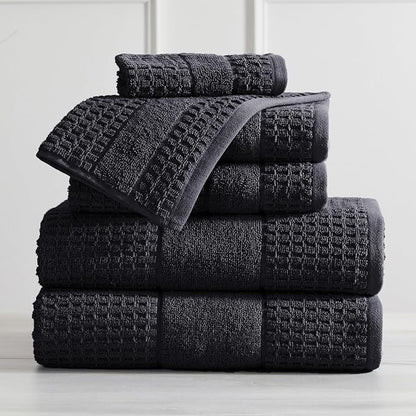 Market & Place 100% Cotton Super Soft Luxury Towel Set | Quick-Dry and Highly Absorbent | Waffle Textured | 550 GSM | 2 Bath Towels, 2 Hand Towels, & 2 Washcloths | Harper Collection (Black)